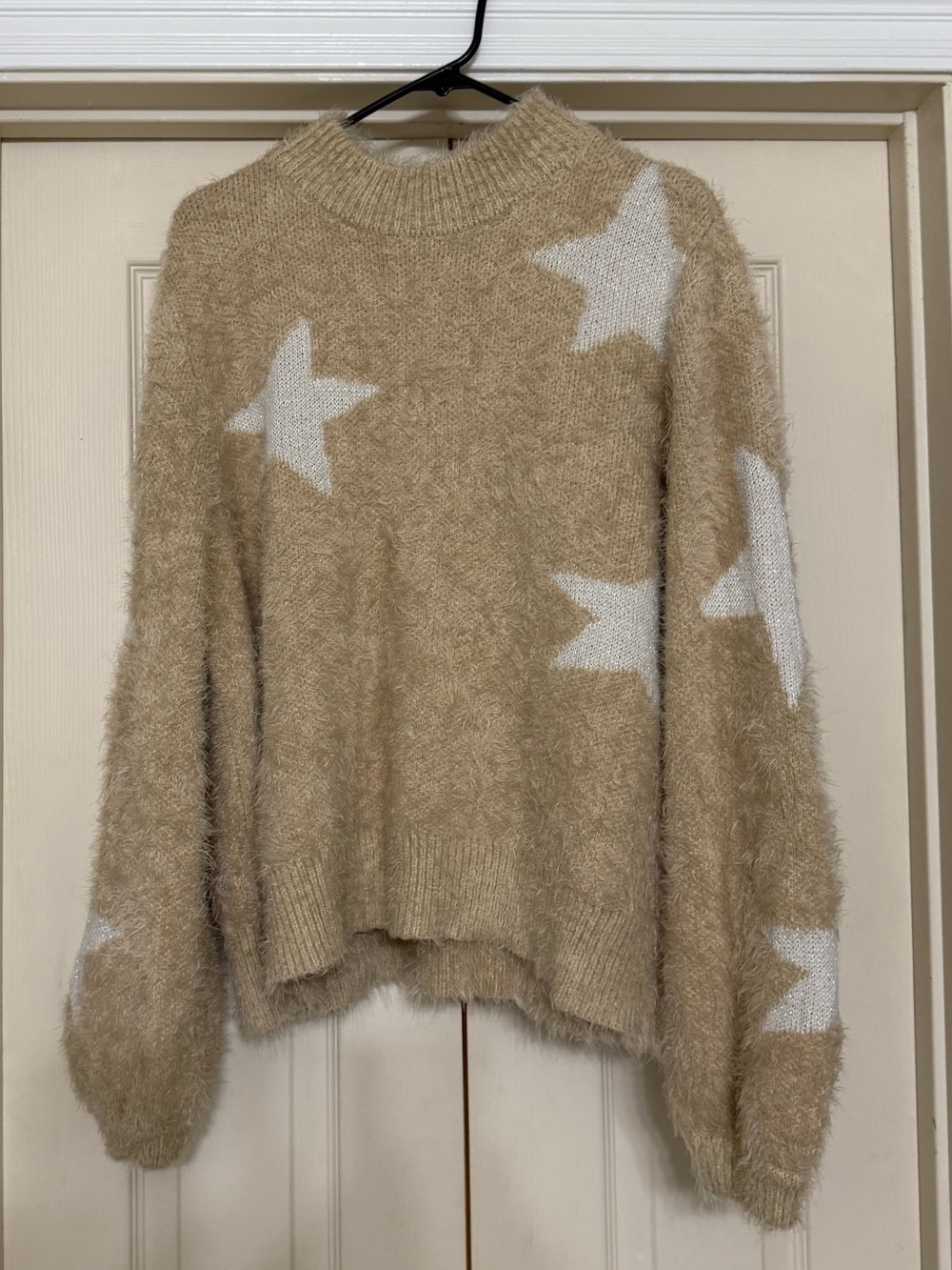 Sugarlips Tan Fuzzy Star Turtleneck Sweater